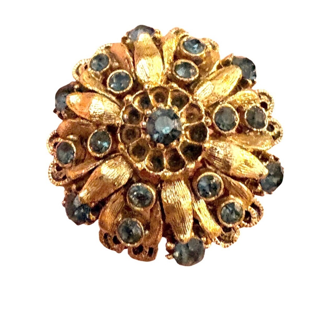 Vintage Florenza Gold Tone Blue Rhinestone Sunburst Floral Brooch Pin Round MCM - Picture 2 of 3